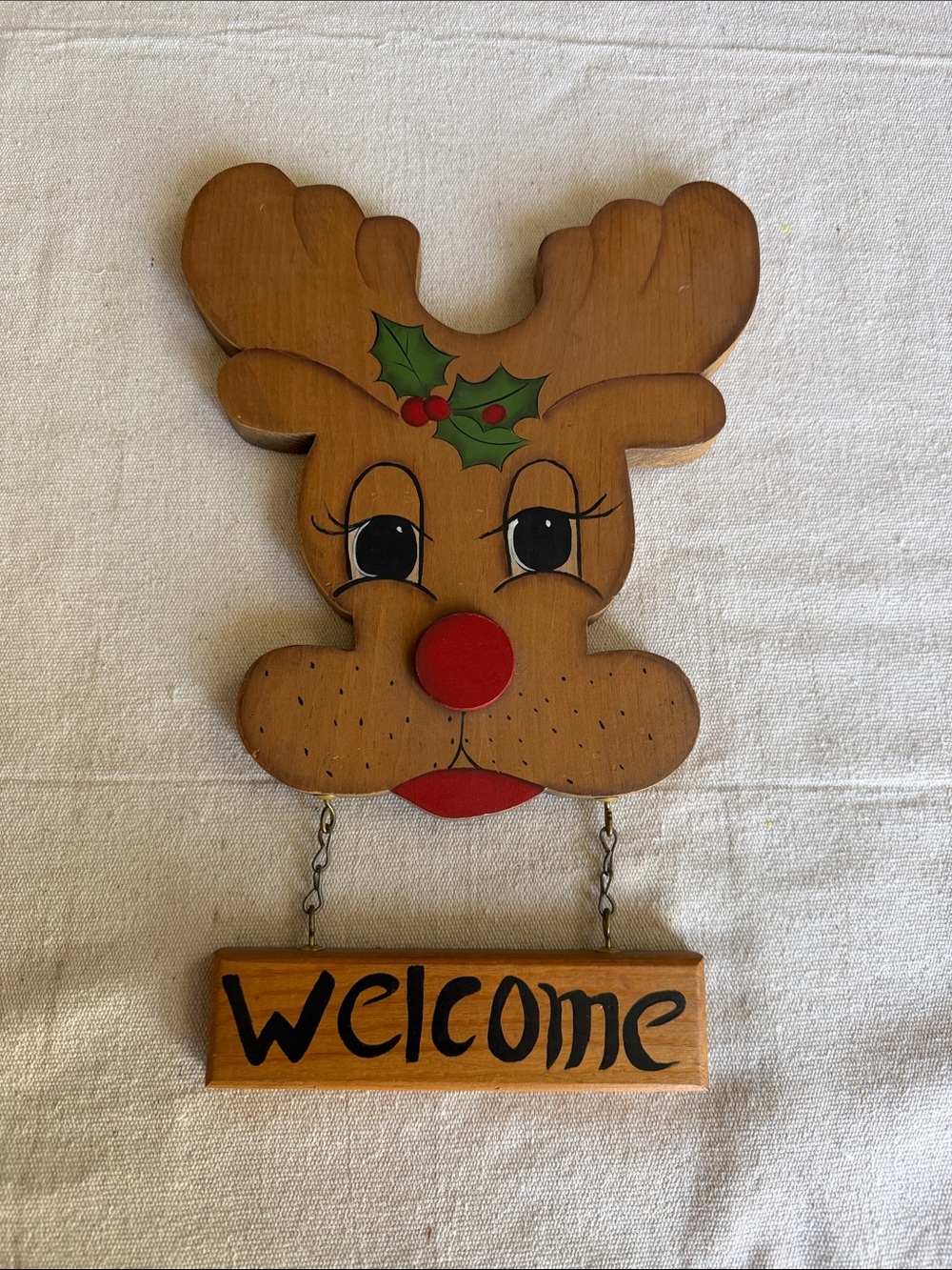 Handmade Hand painted Kitschy Wooden Rudolph The Red Nosed Reindeer Welcome Sign